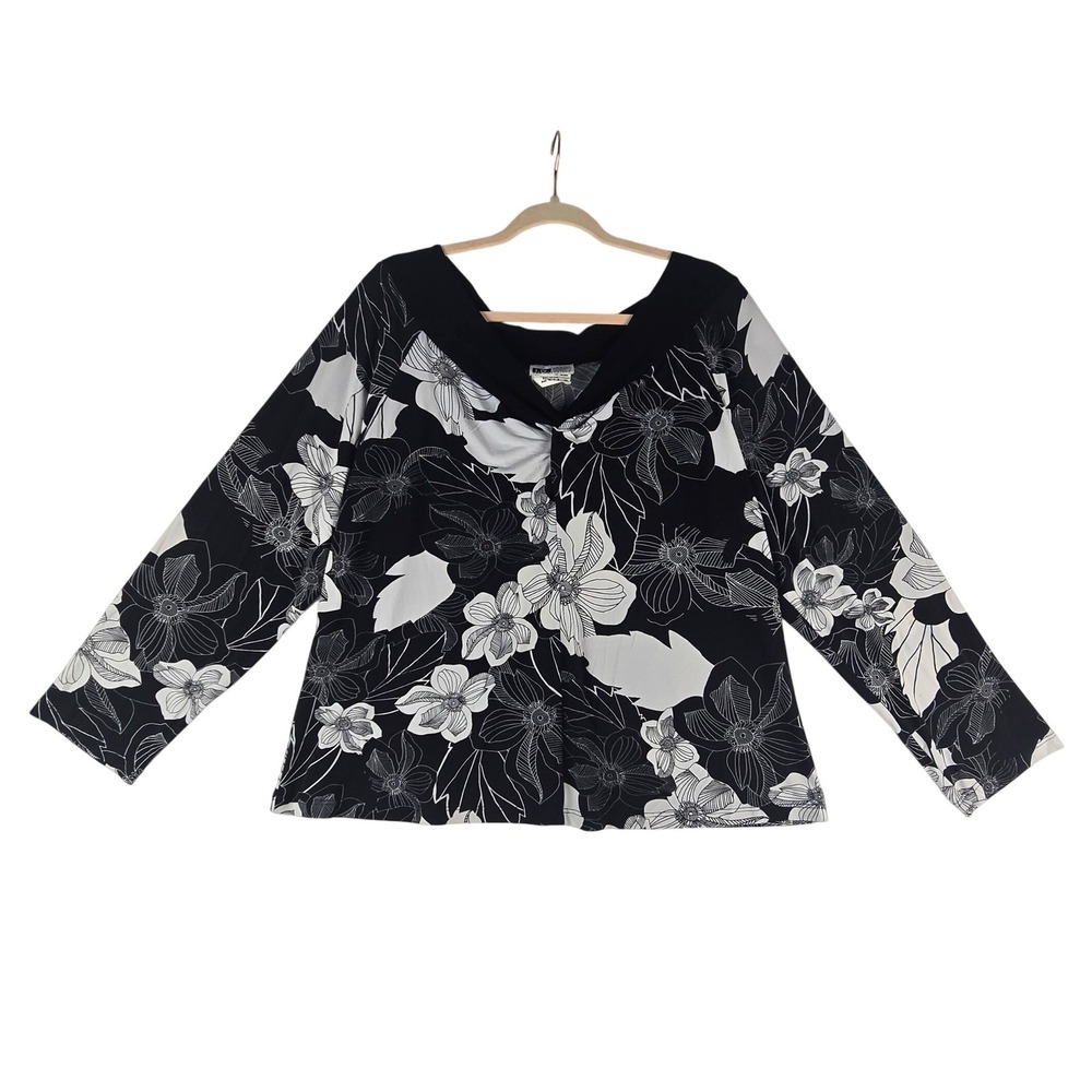 I.N. Studio Floral V-Neck Blouse Women 1X Black White Long Sleeve Stretch Top